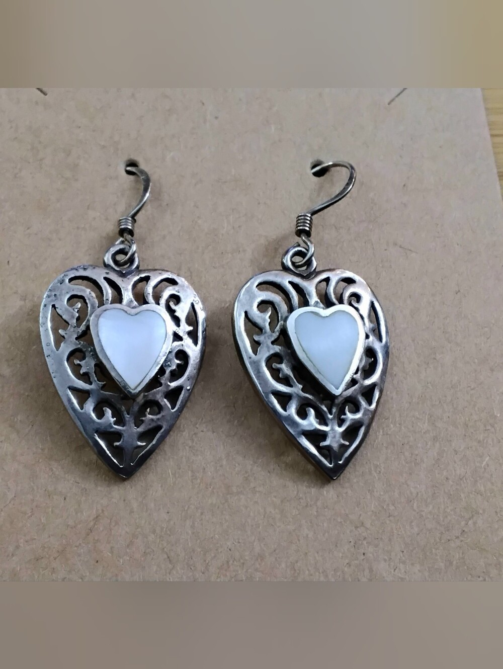 Vintage 925 Silver Mother Of Pearl Heart Earrings
